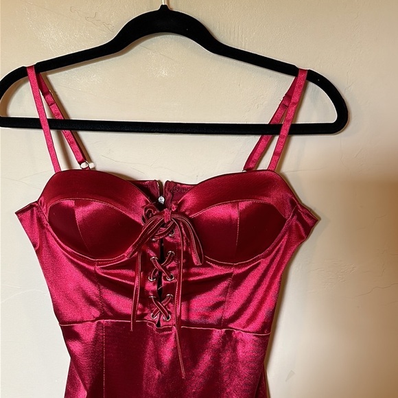Red satin mini dress corset front ties padded bra adjustable straps ruched Sz S - Picture 9 of 14